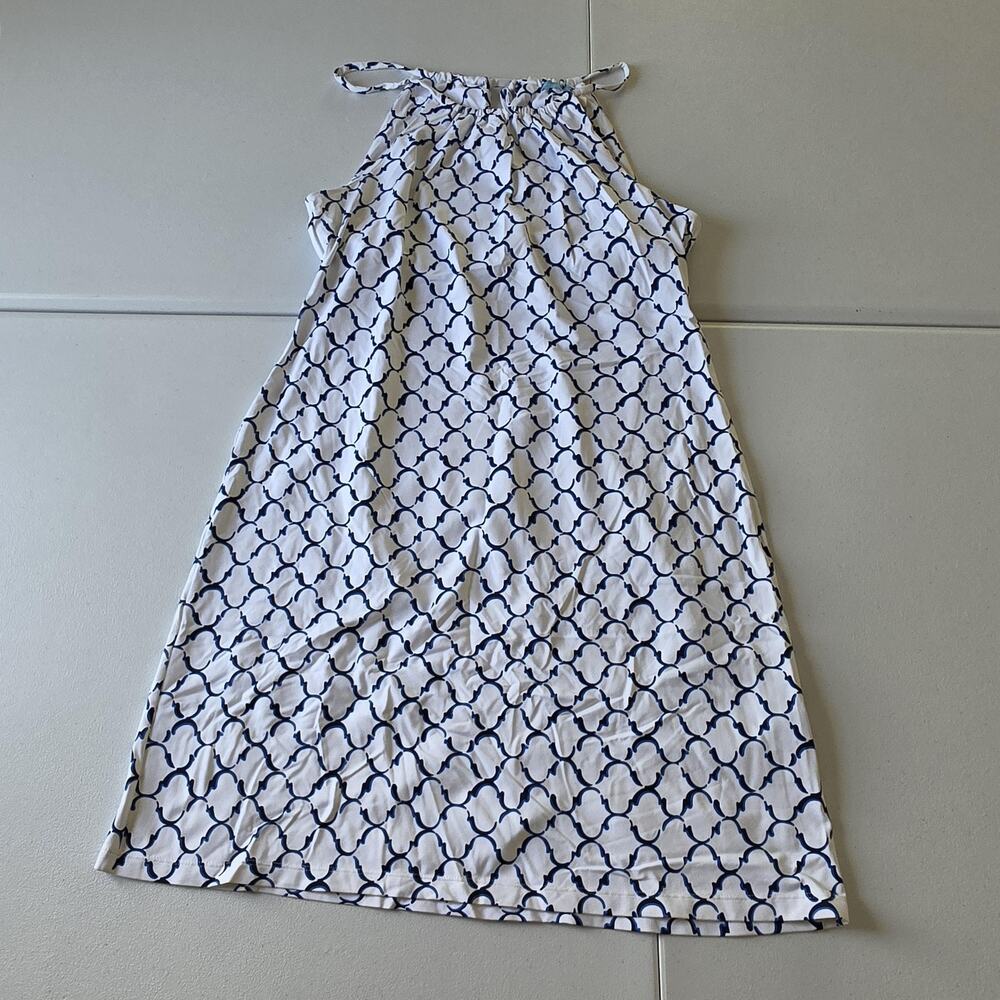 J McLaughlin Dress Womens L White Navy Geometric Maria Halter Sundress Catalina